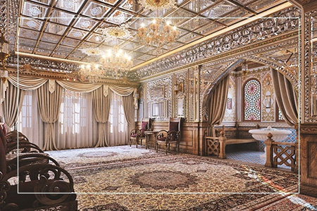 طراحی سالن پذیرایی مجتمع اقامتی به سبک ایرانی